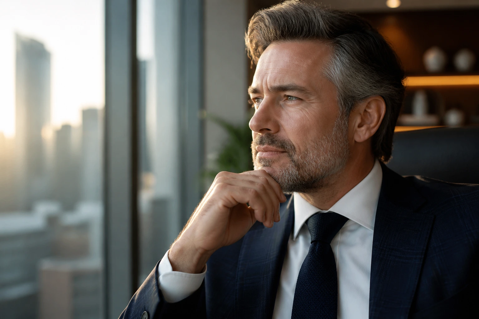 Close-up portrait of an executive in a modern office, representing employer sponsorship perspective