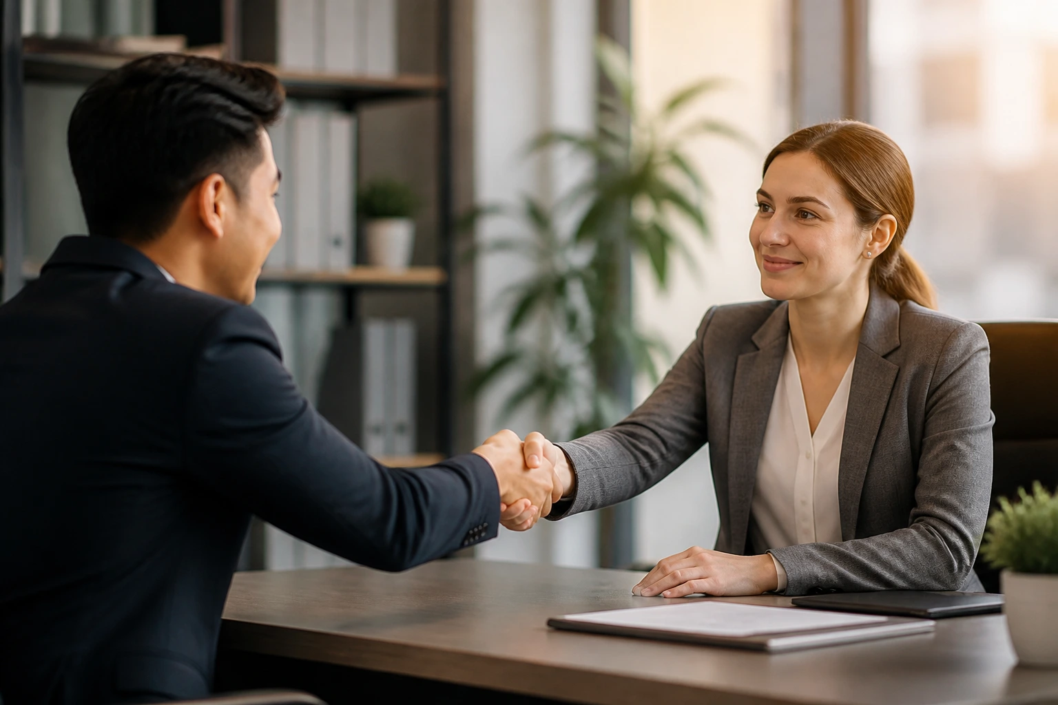 Close-up of a handshake symbolizing employer-specific sponsorship in an office setting
