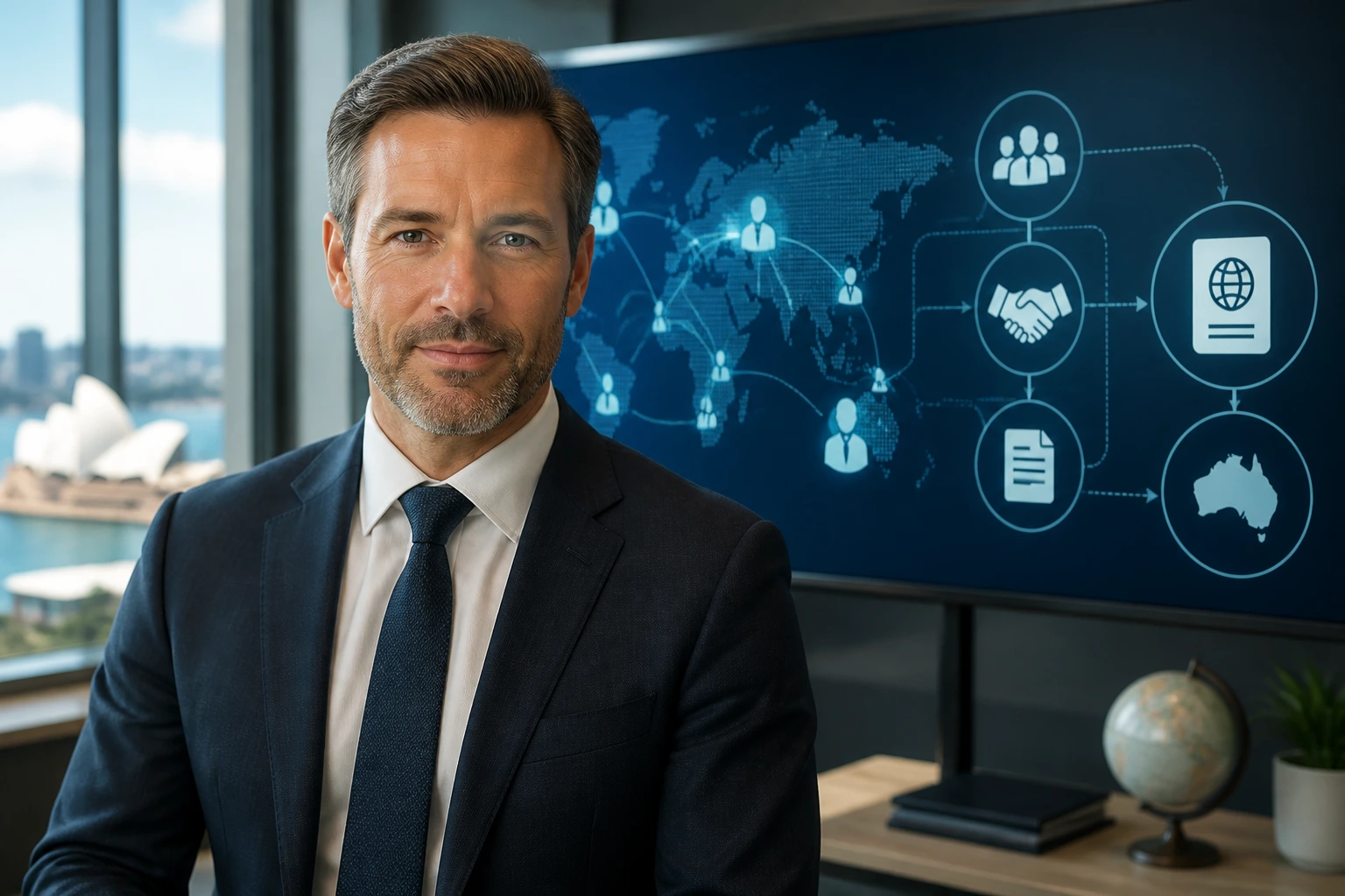 Close-up portrait of a professional in a modern office with abstract icons representing employer sponsorship concepts.