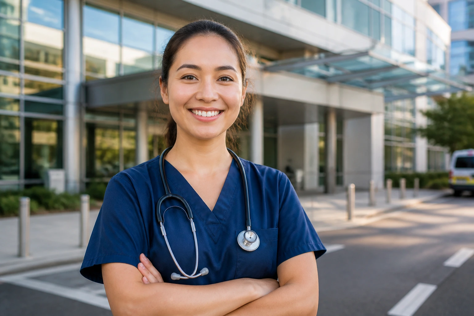 Nurse outside a large public hospital campus indicating sponsorship opportunities