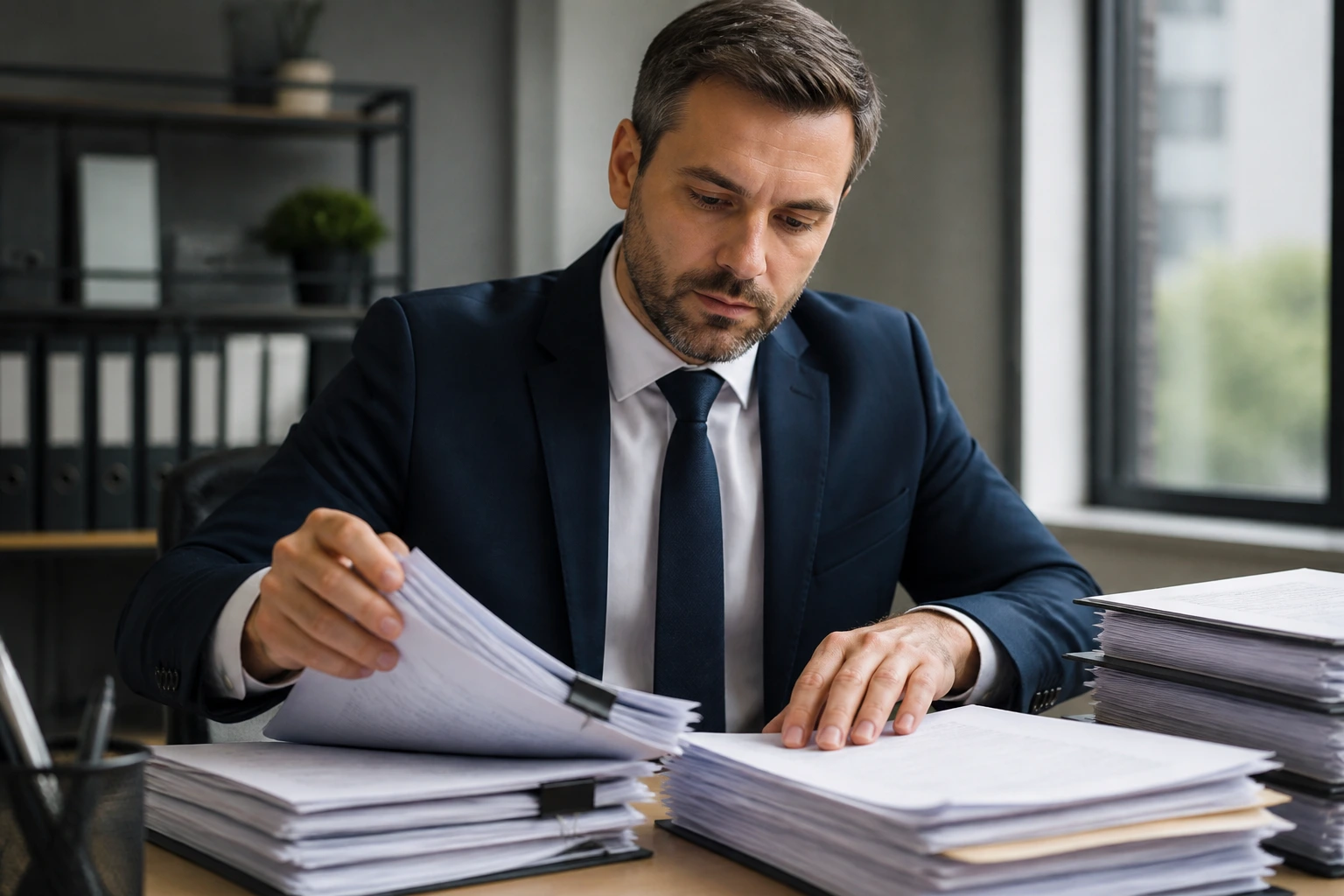 Employer in a suit at a desk in a modern office.