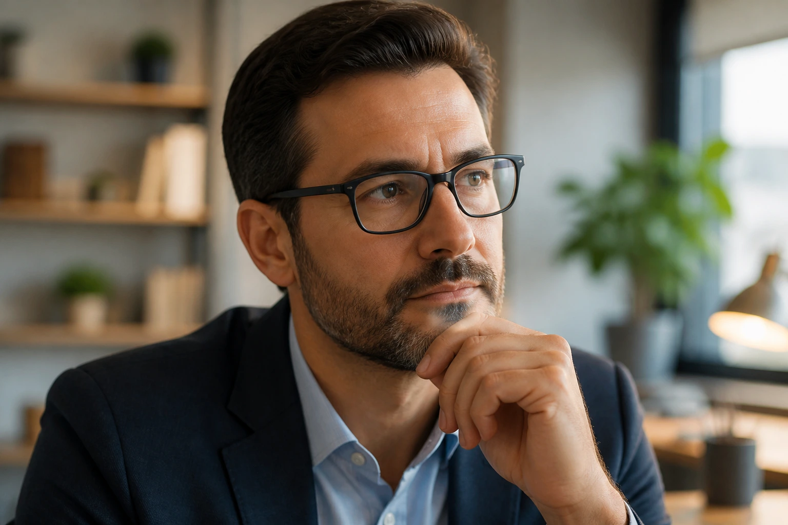 Close-up portrait of a hiring manager contemplating sponsorship in an office