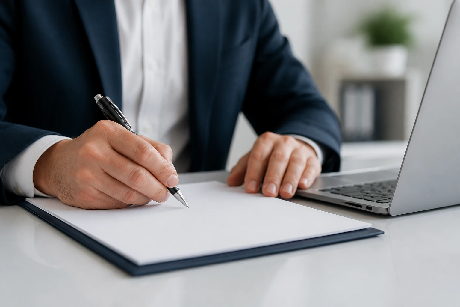 Close-up of hands handling a blank document and laptop in an office
