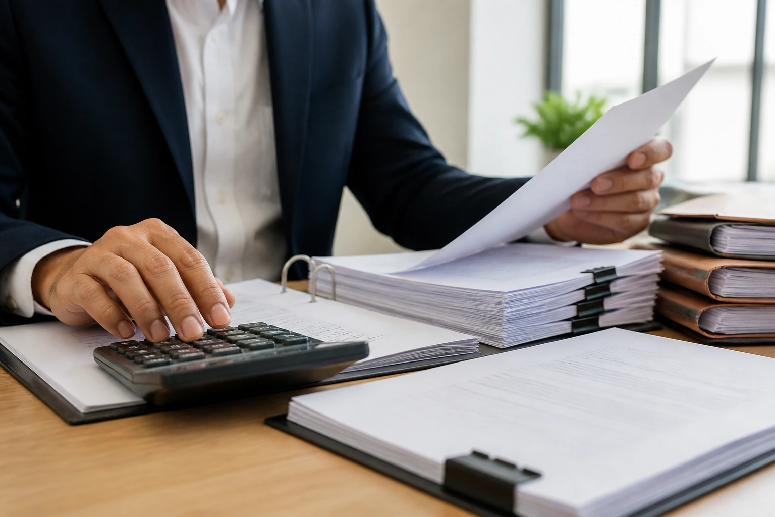 Hands arranging documents and calculator on desk illustrating sponsorship proof