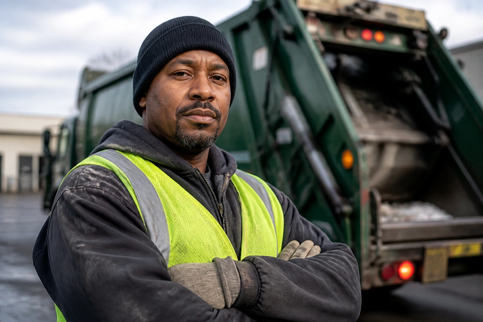 Confident sanitation worker in yard with truck background