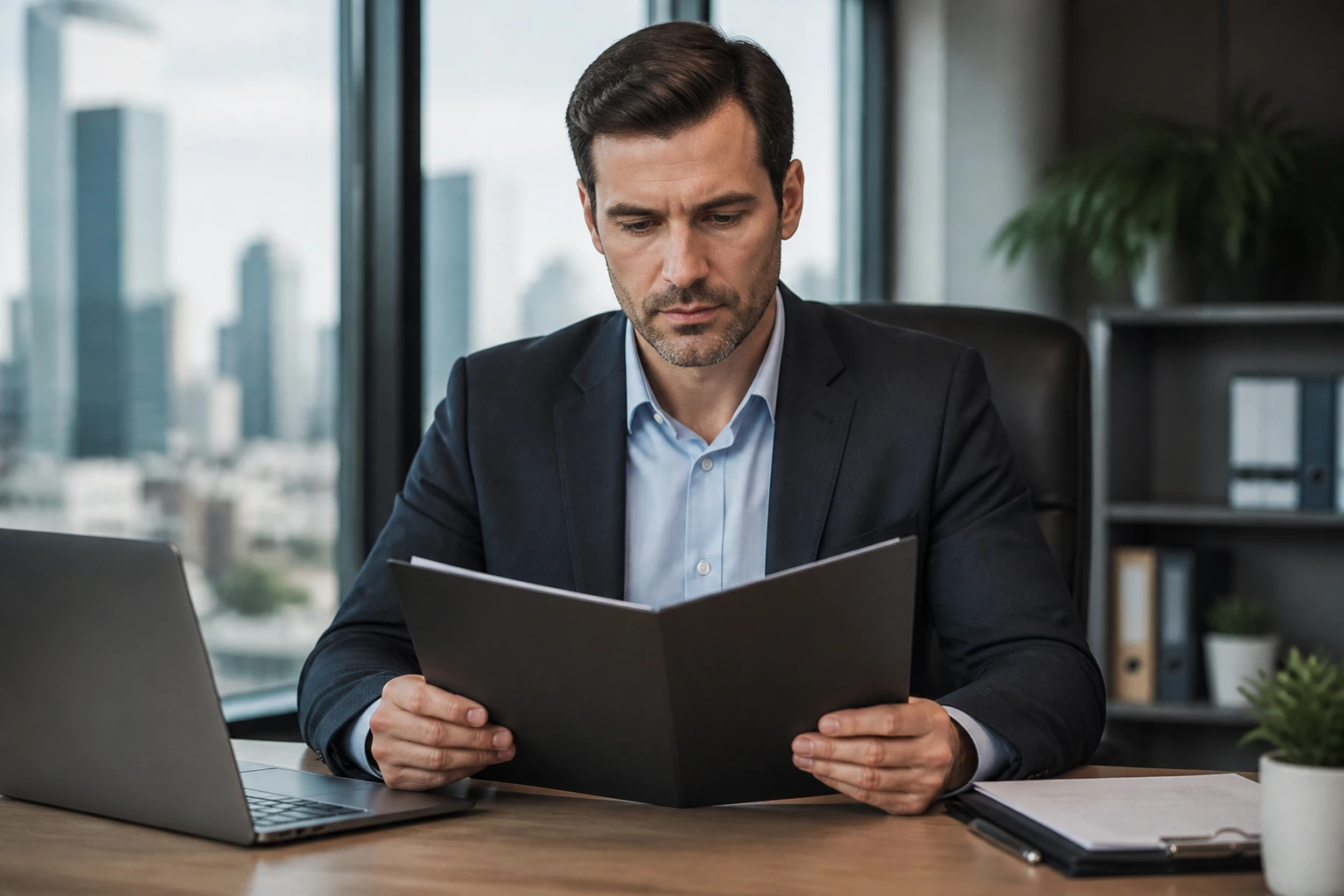 Portrait of an employer in a modern office considering sponsorship tasks (no text on materials)