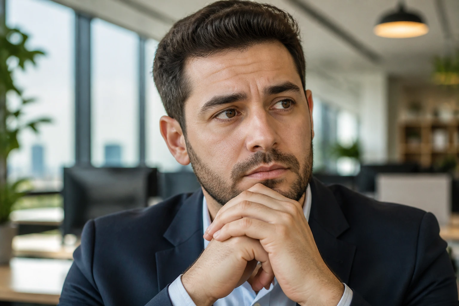Close-up portrait of a professional contemplating career change in an office