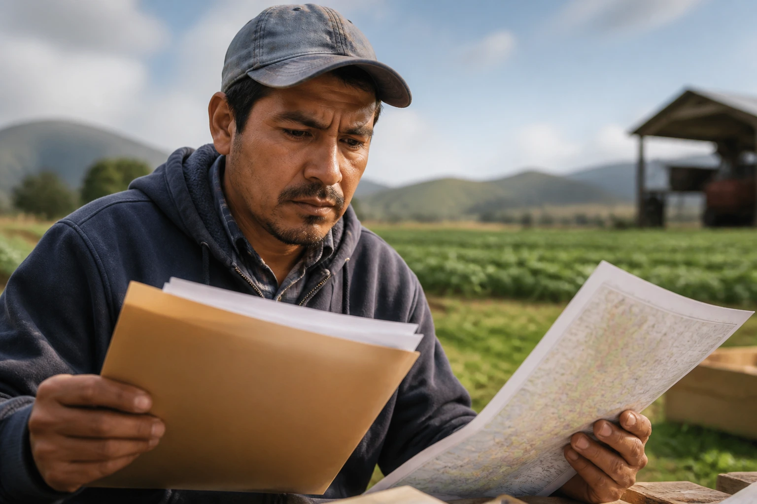 Farmworker scrutinizing documents outdoors with vigilance