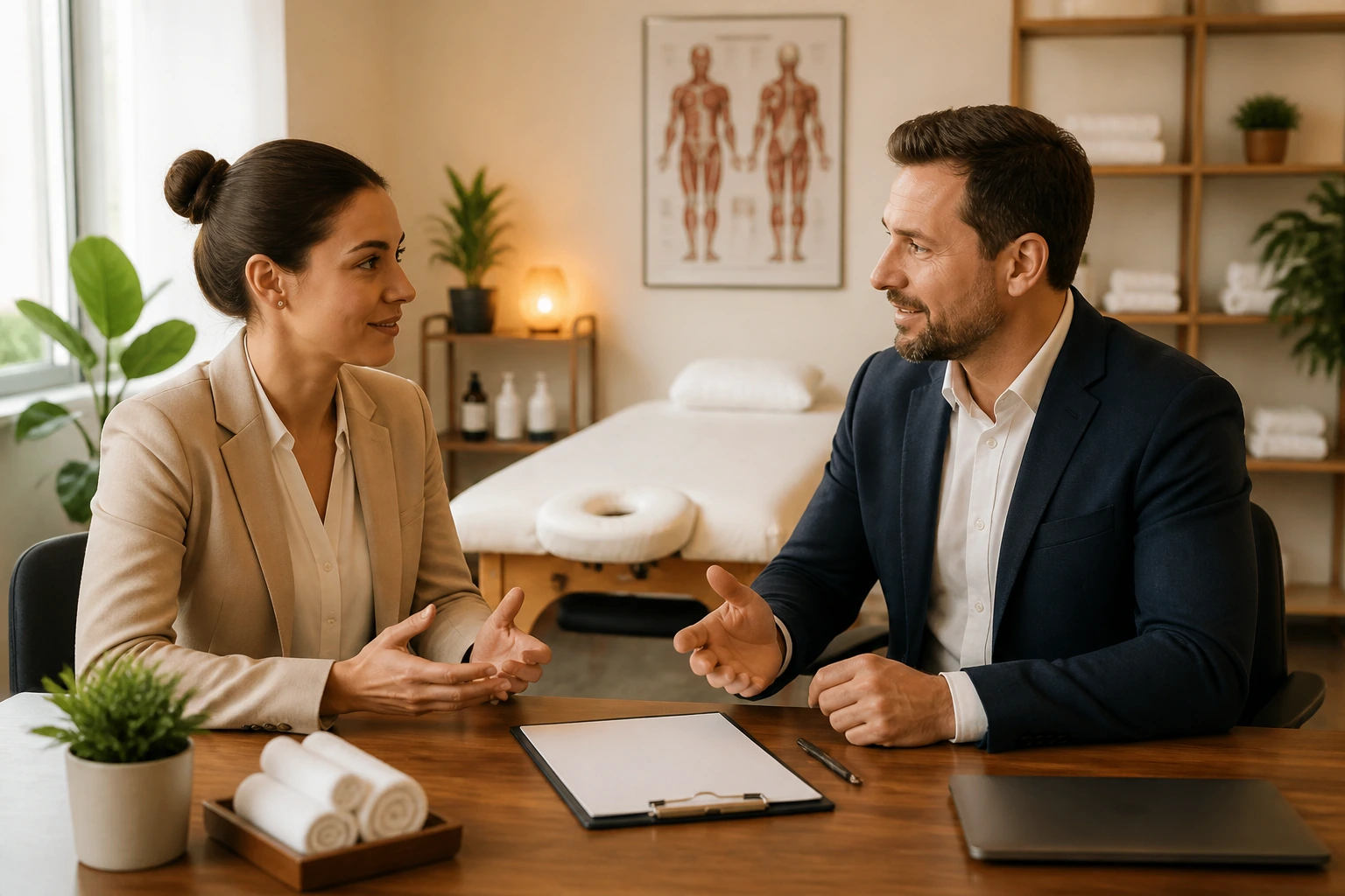 Two clinic owners in discussion about sponsorship in a bright office