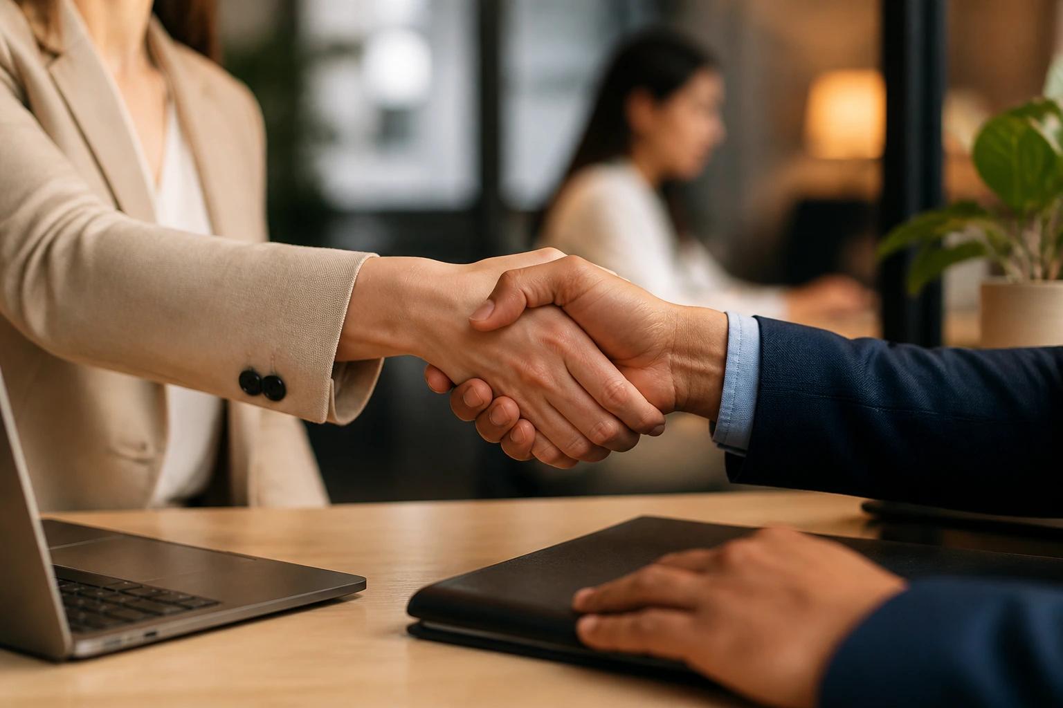 Close-up handshake between employer and candidate in an office