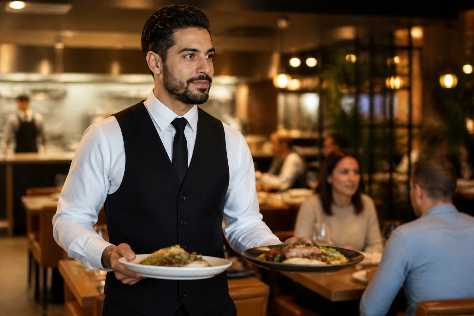 Portrait of a seasoned server on duty in a busy restaurant