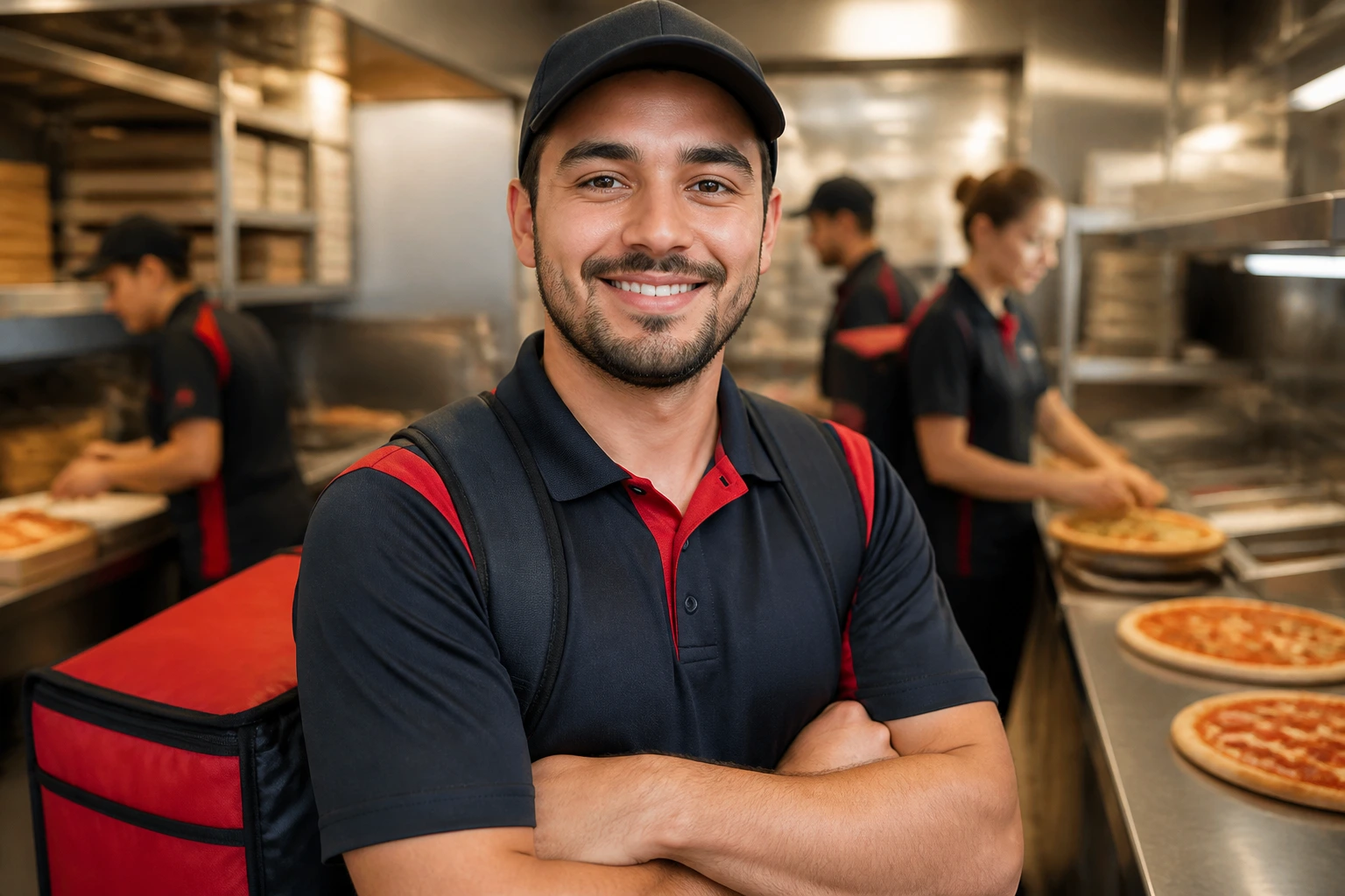Driver in uniform in a busy kitchen, focus on face.
