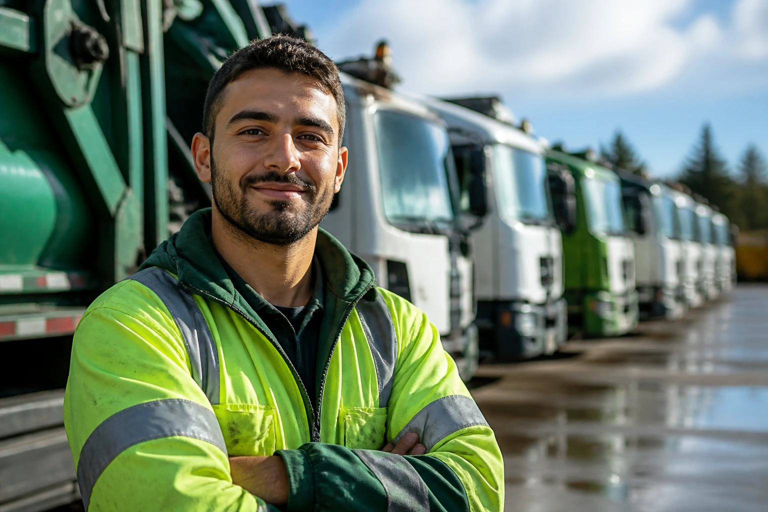 Job seeker in a yard with waste trucks in the background