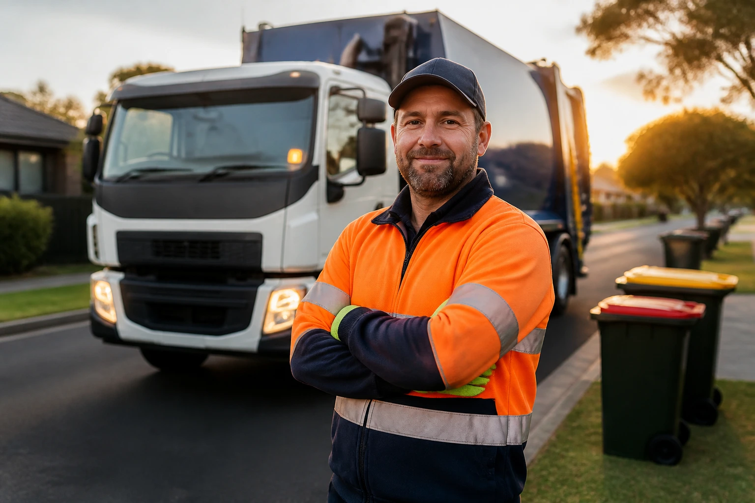 Municipal services operator in uniform with city vehicle in a suburban setting