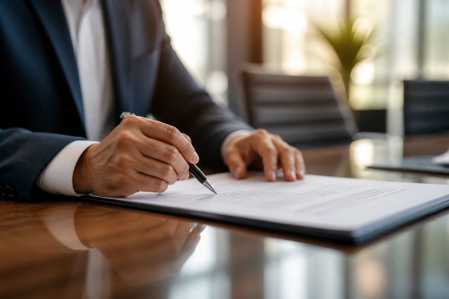 Professional's hands on contract during employment negotiation