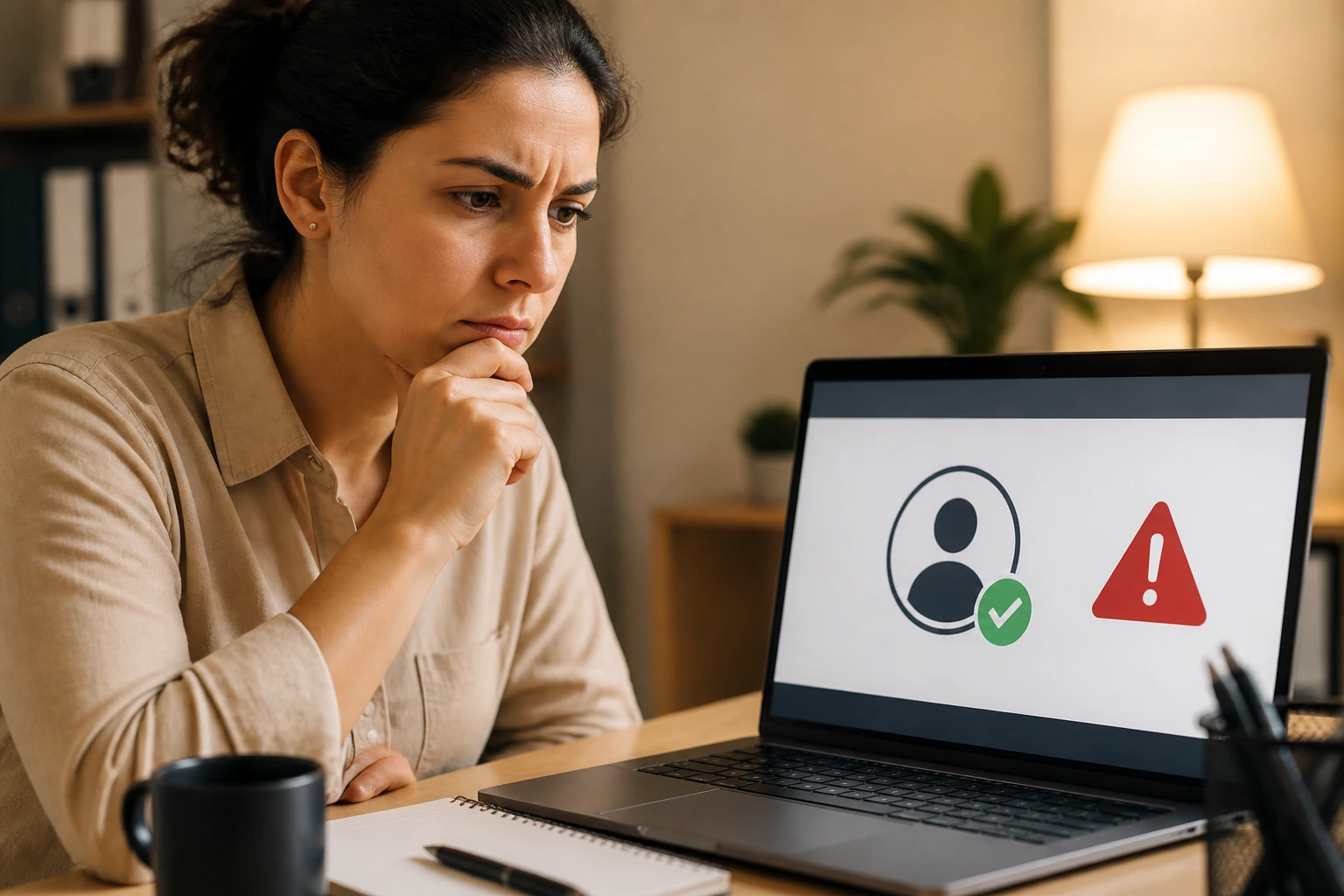 Person in home office considering a potential scam on a laptop, alert icon implied.