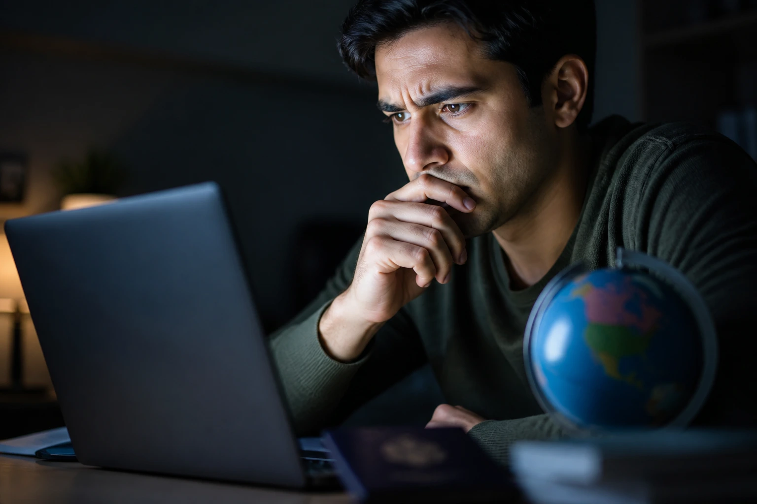 Wary person examining a suspicious online job offer on a laptop