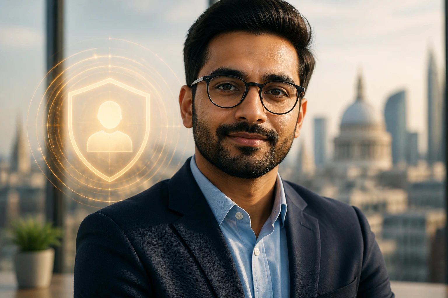 Close-up portrait of a professional in an office with a glowing endorsement emblem behind