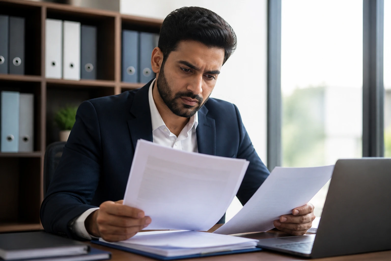 Person reviewing endorsement decision documents in an office.