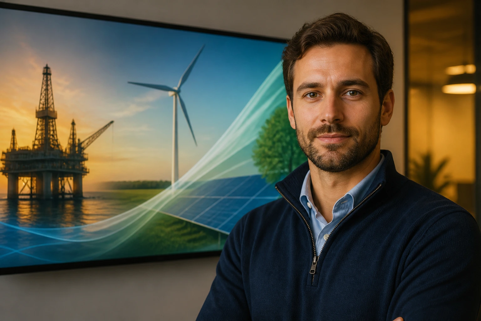 Engineer in smart-casual attire in front of abstract energy transition visuals in an office