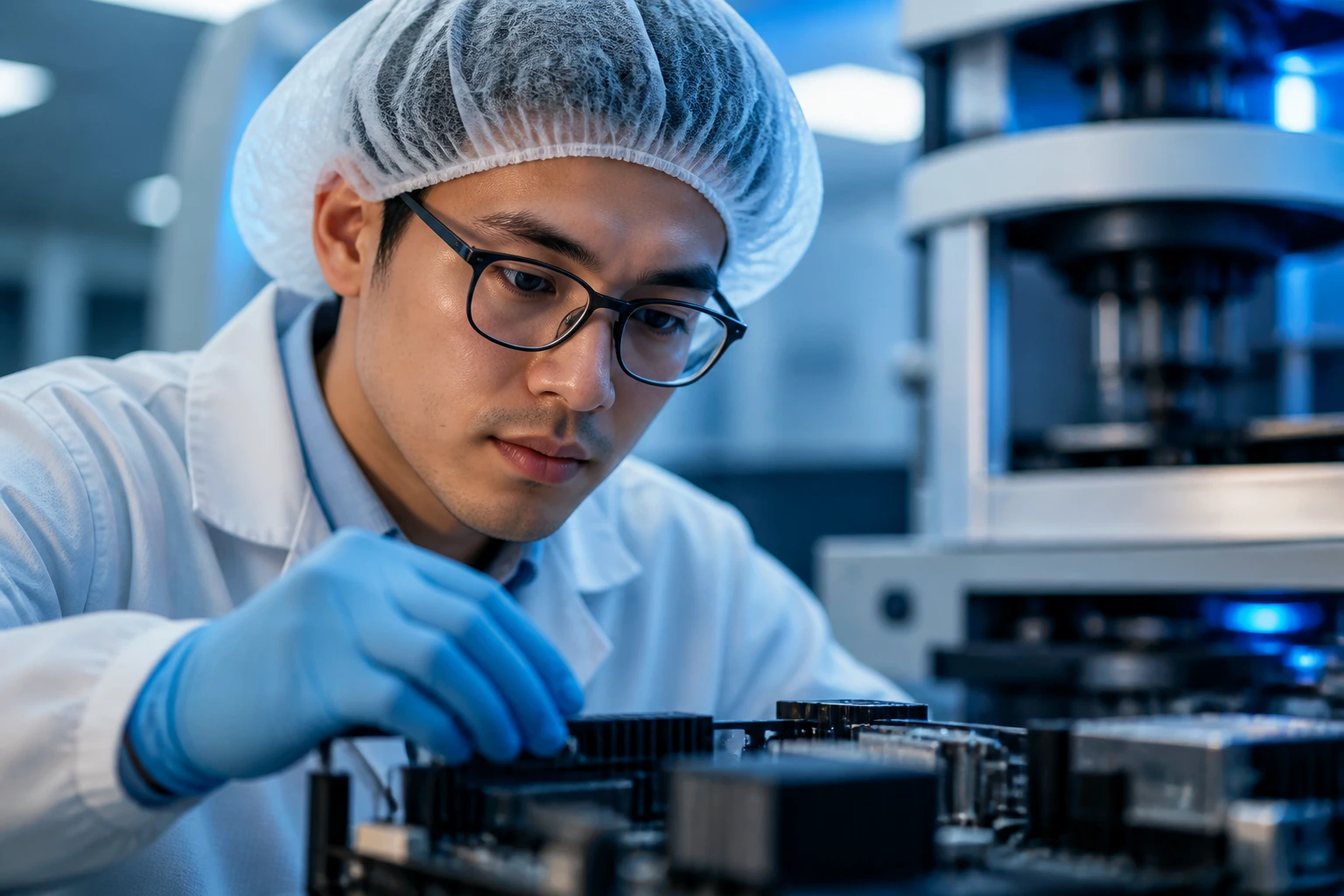 Close-up of an electrical engineer in a cleanroom/lab setting.