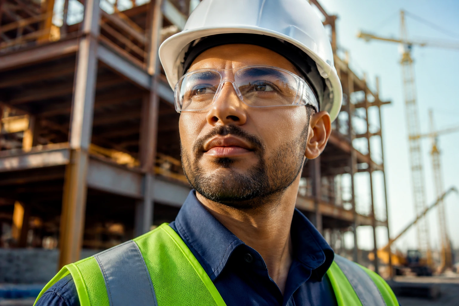 Close-up engineer on construction site wearing PPE
