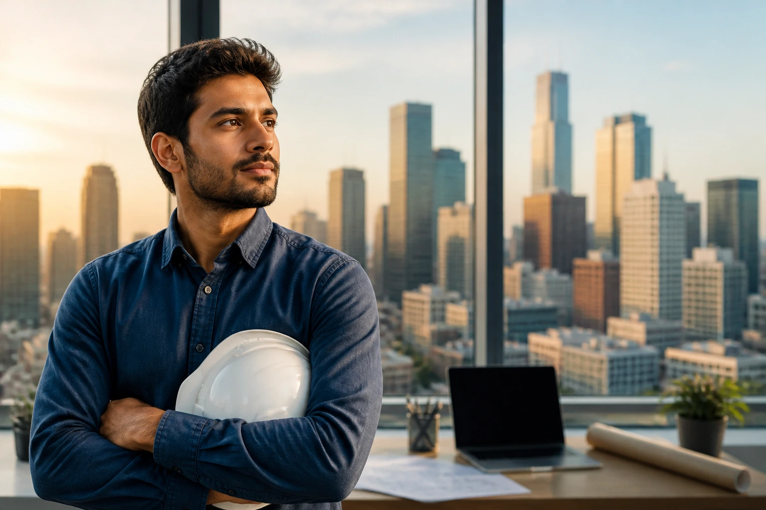 Portrait of an engineer with city skyline, illustrating salary and industry considerations