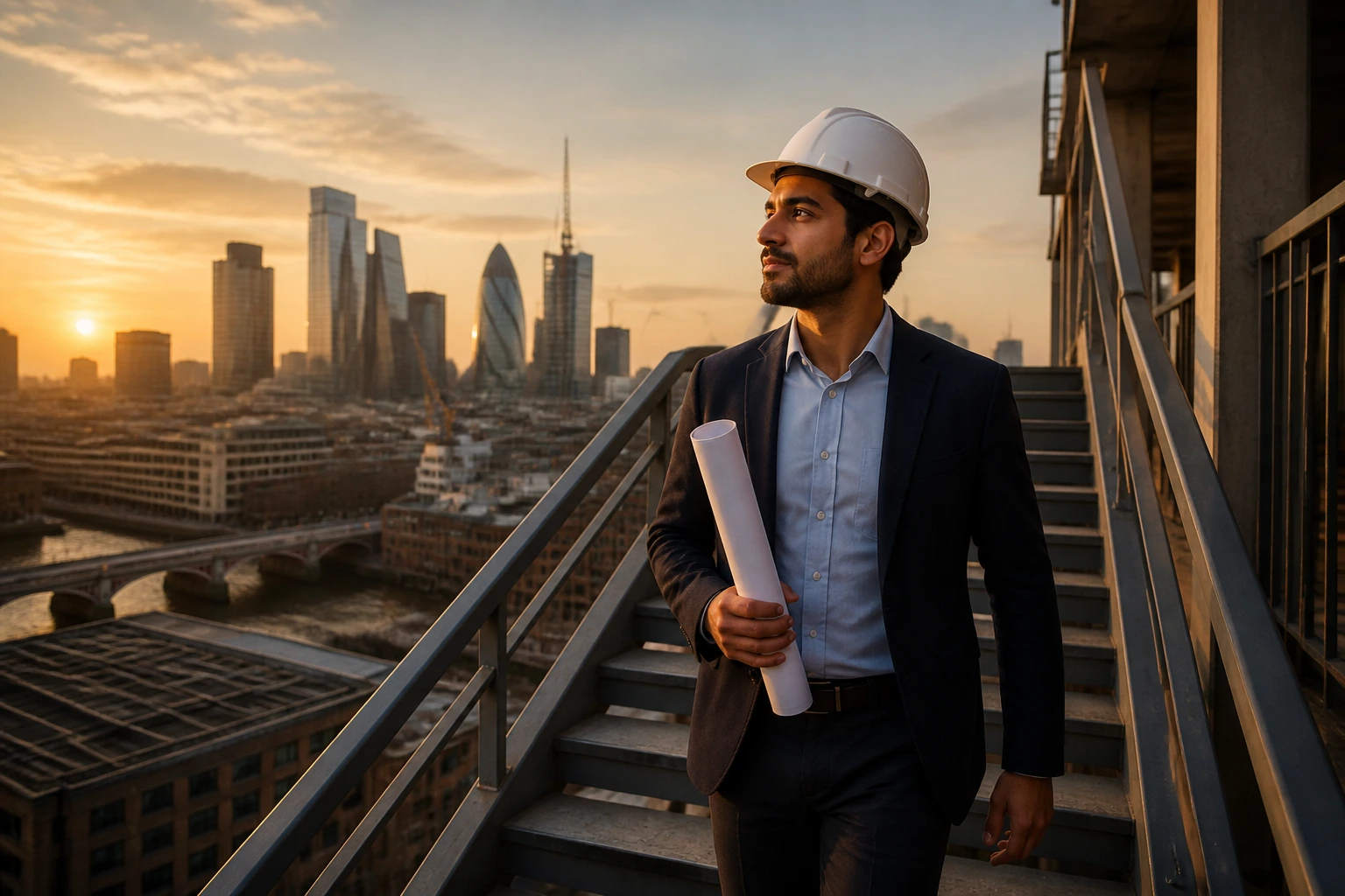 Engineer on a staircase with city skyline illustrating career growth