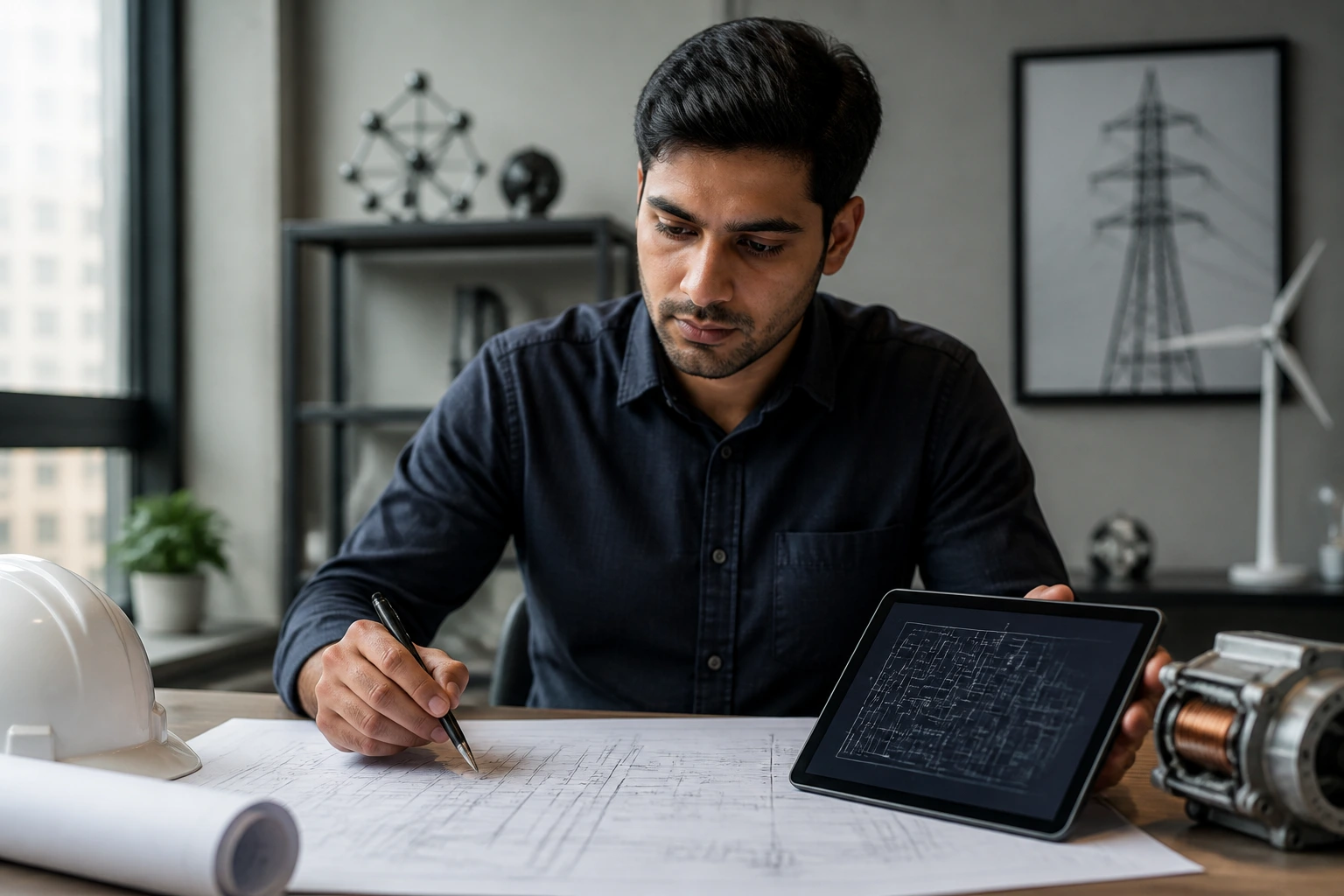 Engineer examining schematics in an office setting