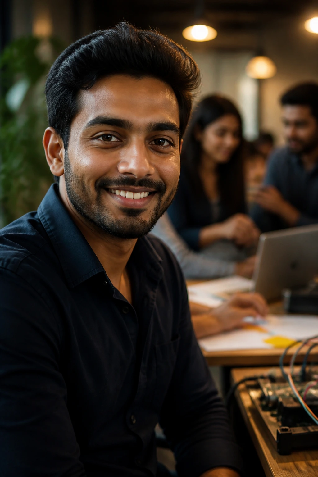 Close-up portrait of an electrical engineer in a coworking space
