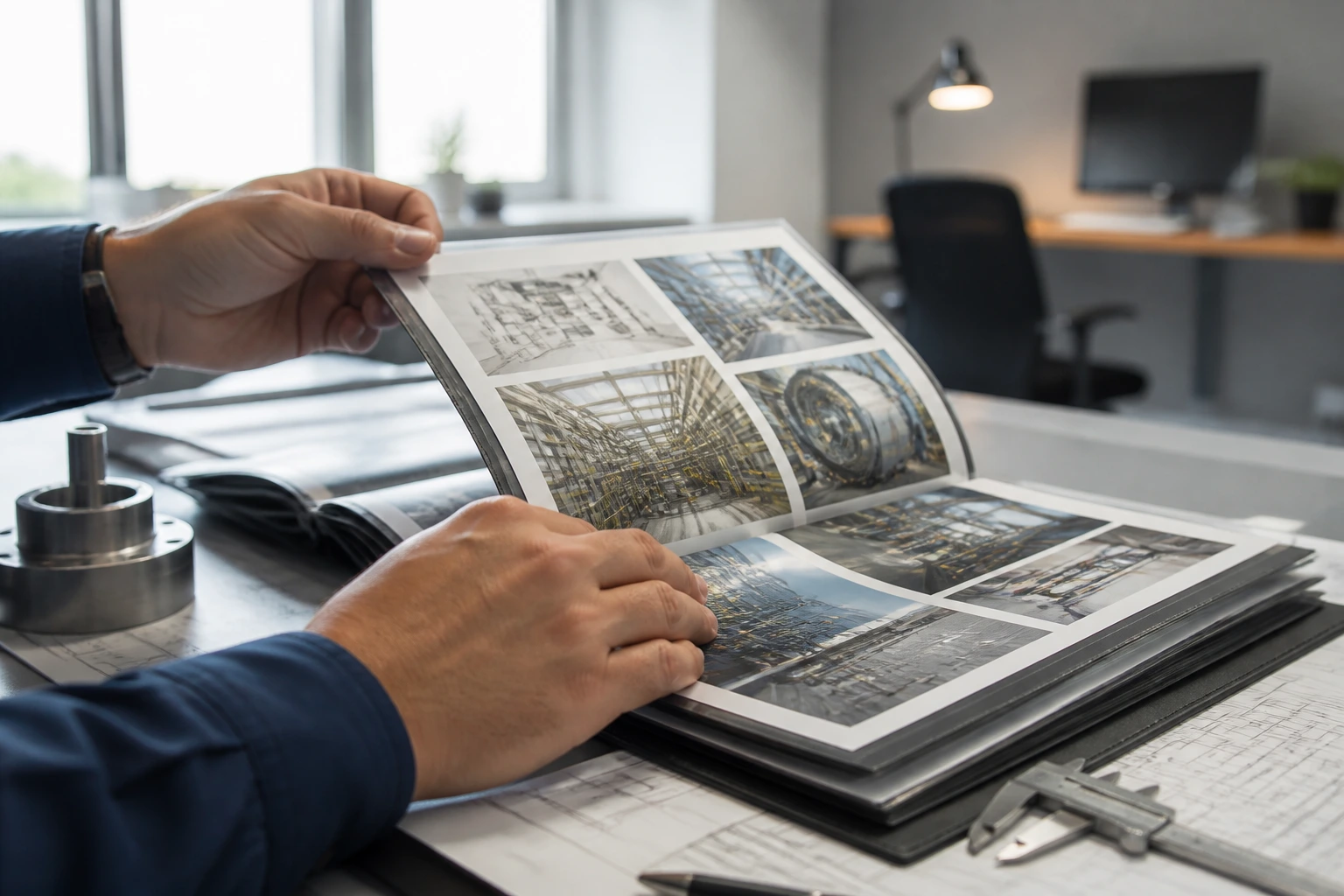 Hands turning pages in an anonymized engineering portfolio on a desk in an office.