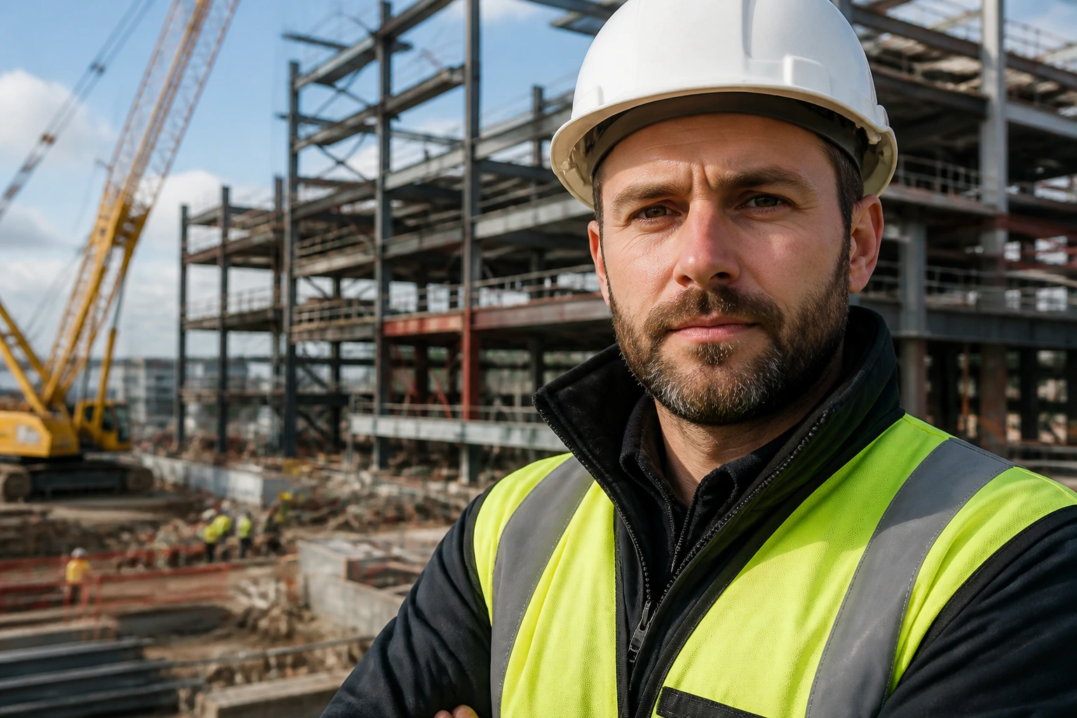 Close-up portrait of a UK structural engineer on a construction site highlighting the engineering skills gap