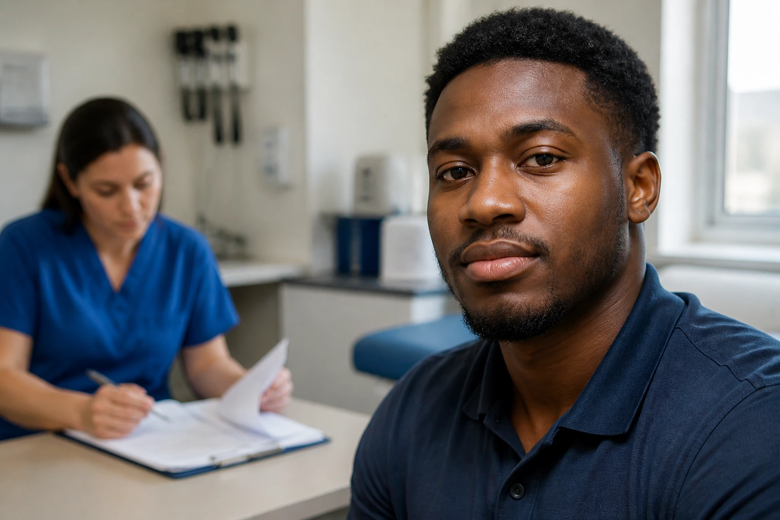 Close-up portrait of a real applicant in a clinic, symbolizing checks.