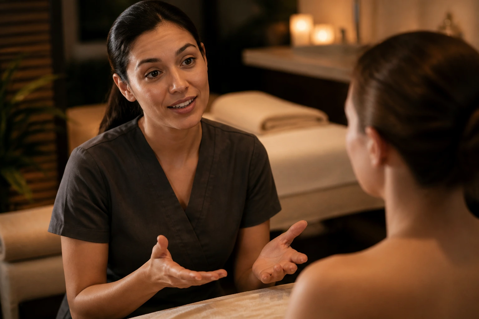 Close-up of a massage therapist communicating with a client in a warm spa room