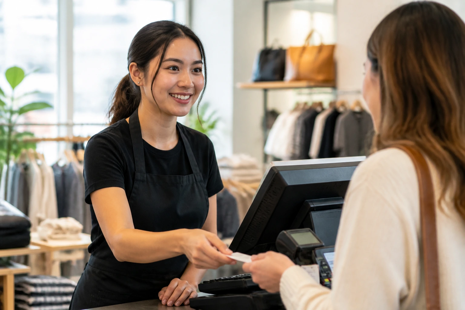 Sales associate handling language and compliance tasks at the register