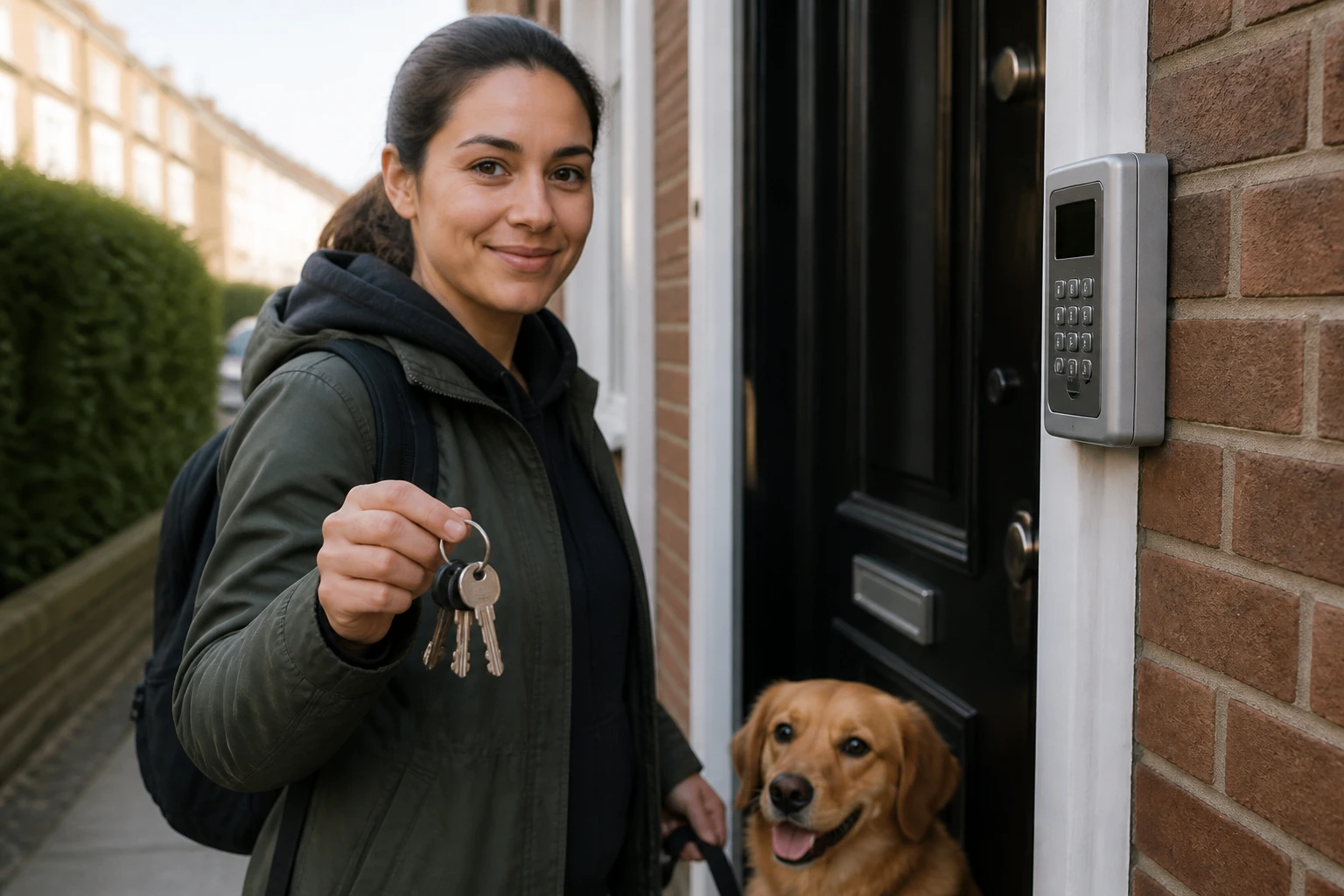 Person holding keys outside a home before a dog-walking visit