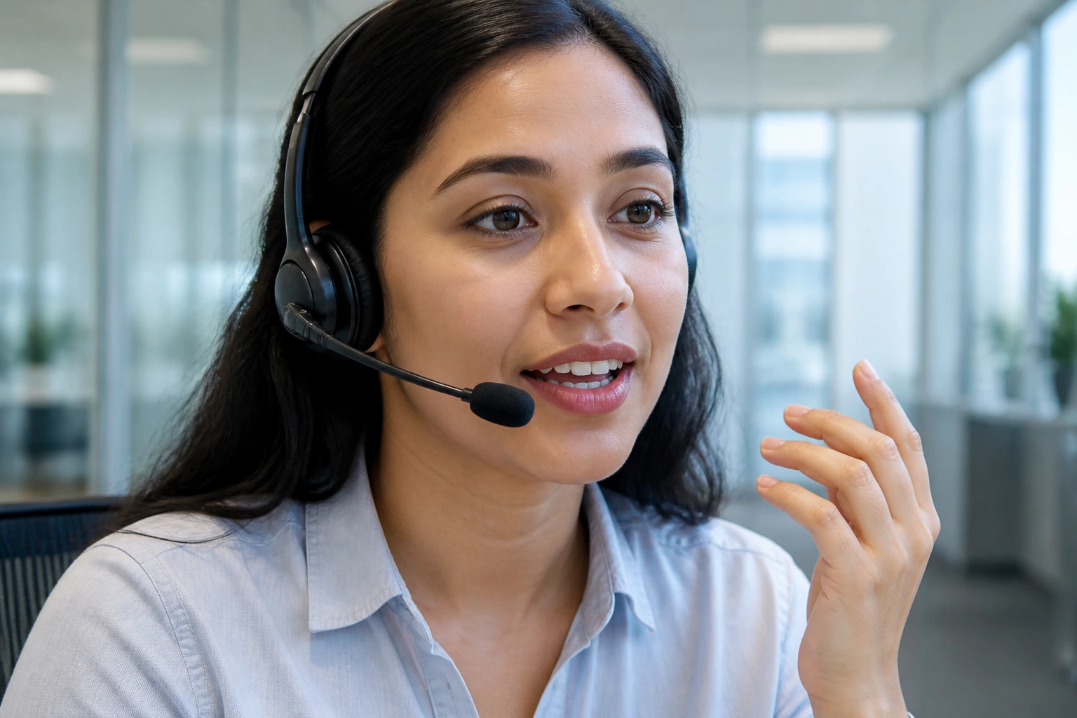 Close-up portrait of a headset-wearing professional on a live call in an office.