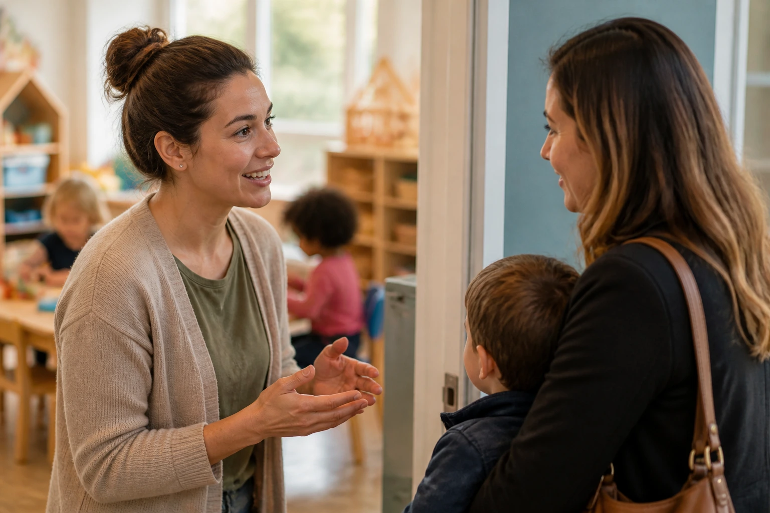 Daycare worker talking with a parent at classroom doorway