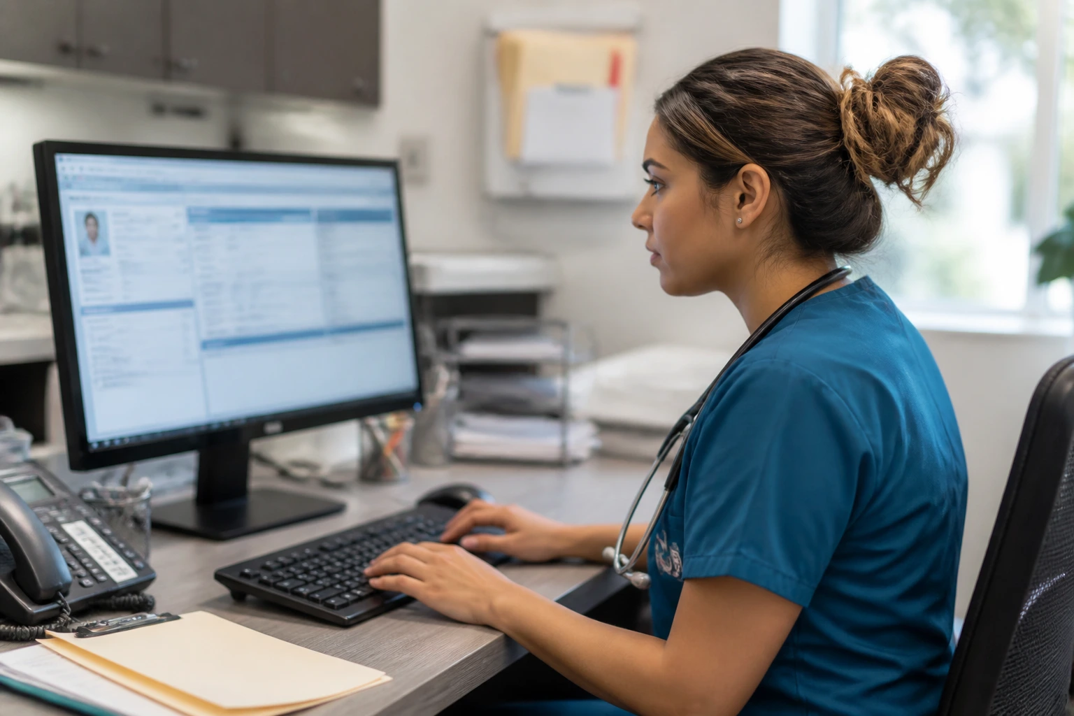 Healthcare professional at a computer highlighting language and software skills