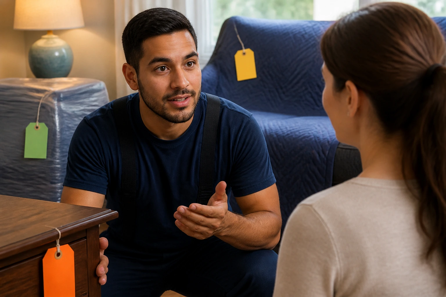Mover speaking calmly to homeowner with color-coded inventory tags on furniture