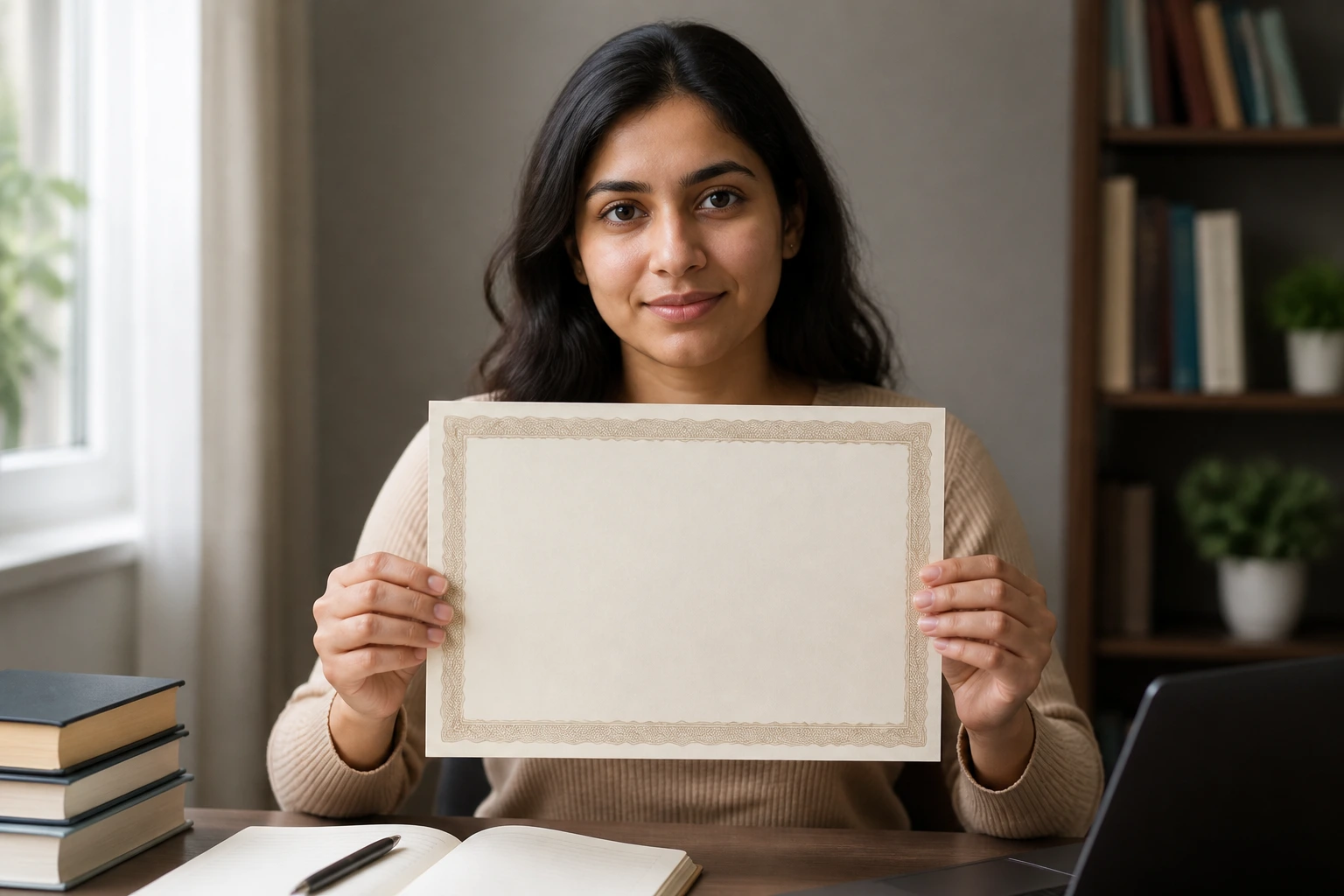 Person holding blank certificate-like document during study