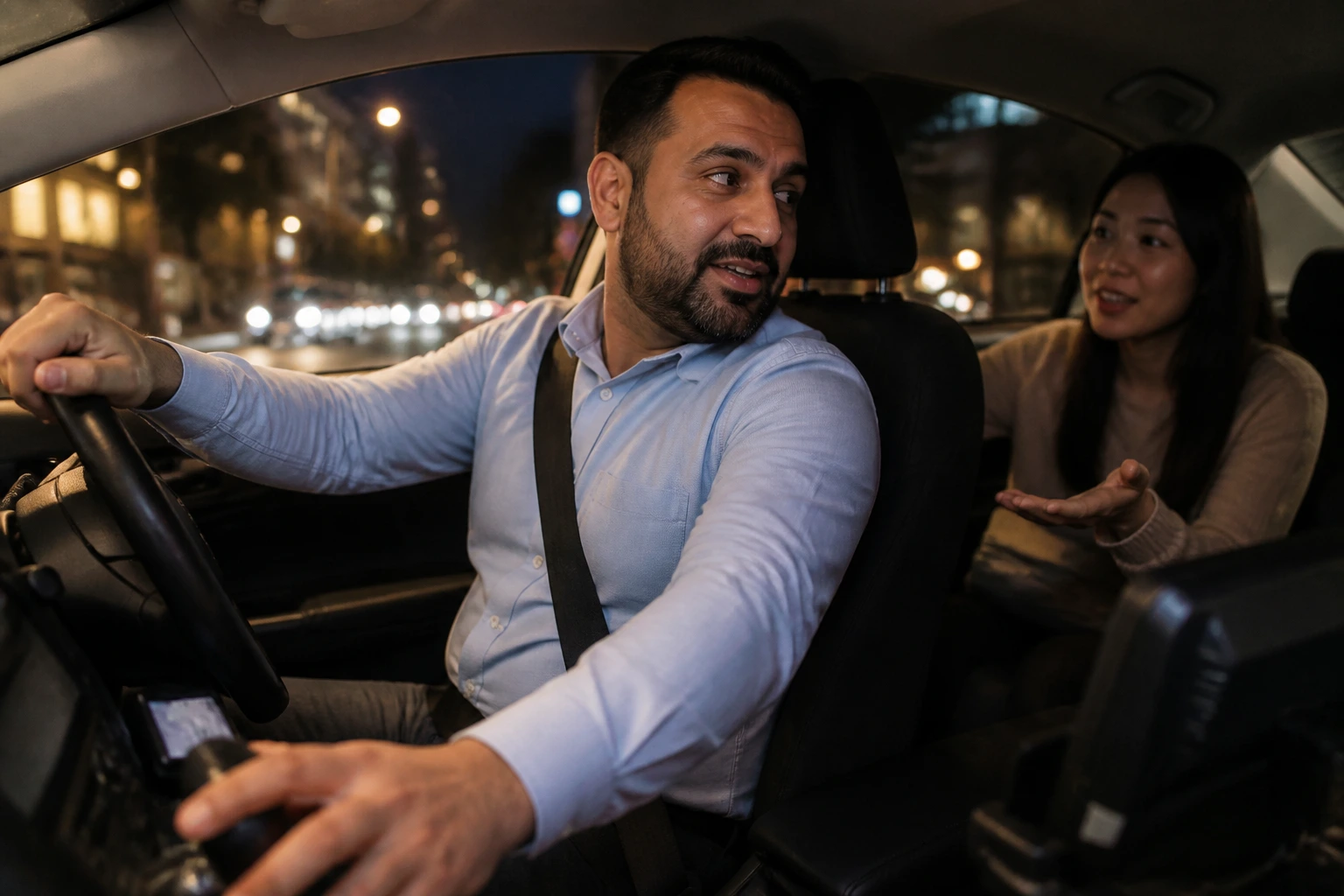 Taxi driver focusing on communication and safety in urban night setting