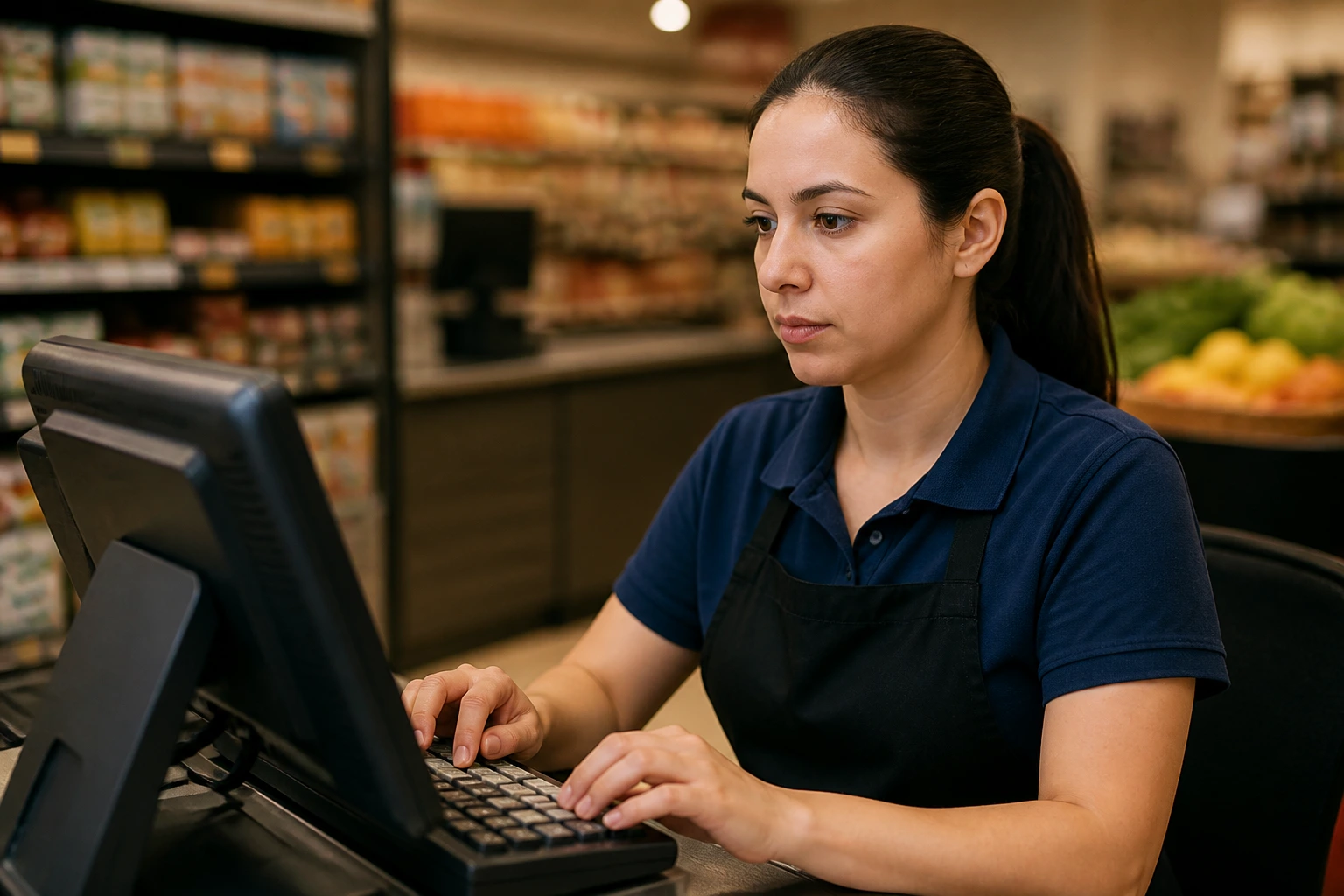 Focused cashier at a register concentrating on the screen