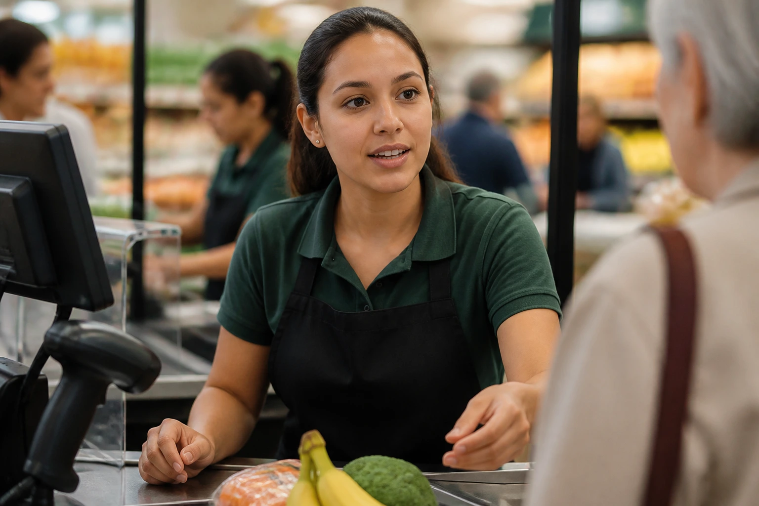 Cashier engaging with a customer at a busy register, store environment around.