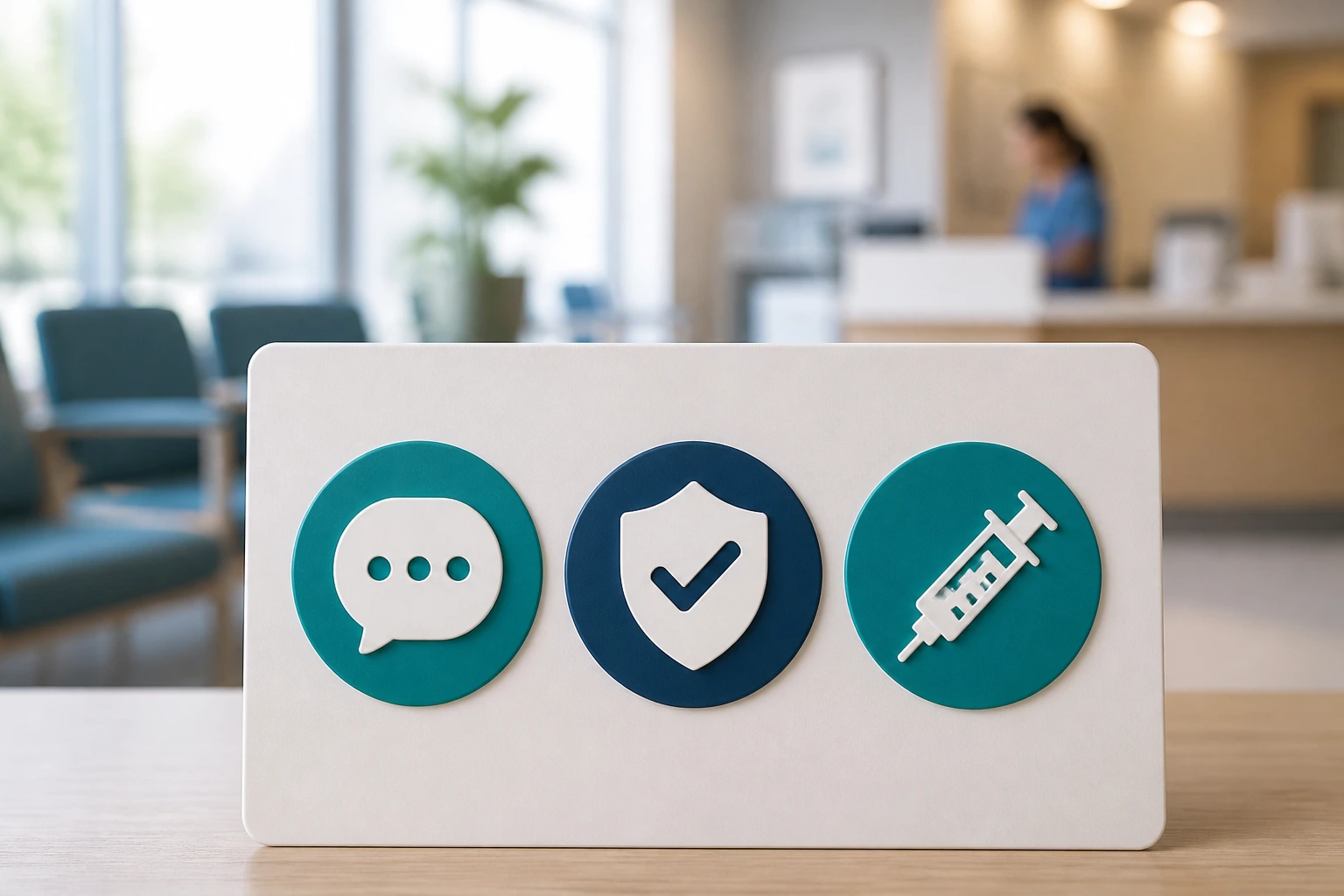Close-up of three icons representing English proficiency, police checks, and immunisations on a desk in a healthcare setting