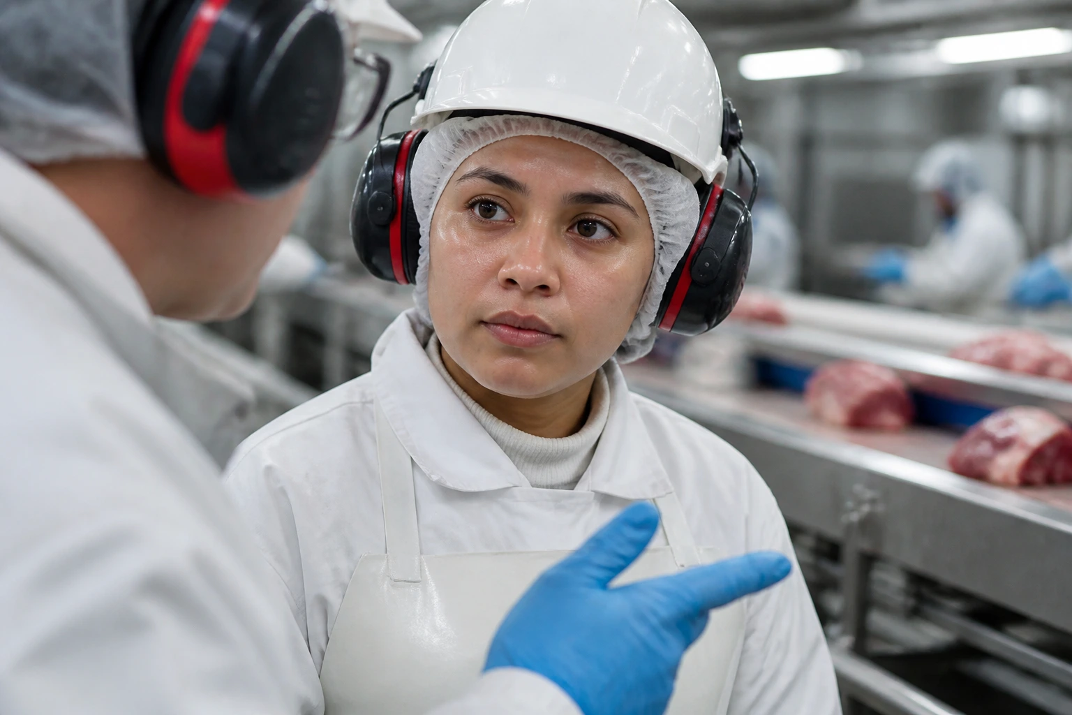 Worker on the processing line listening to supervisor, reflecting practical workplace English for safety