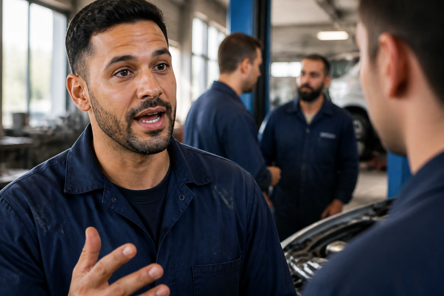 Mechanic communicating clearly with colleagues in a workshop