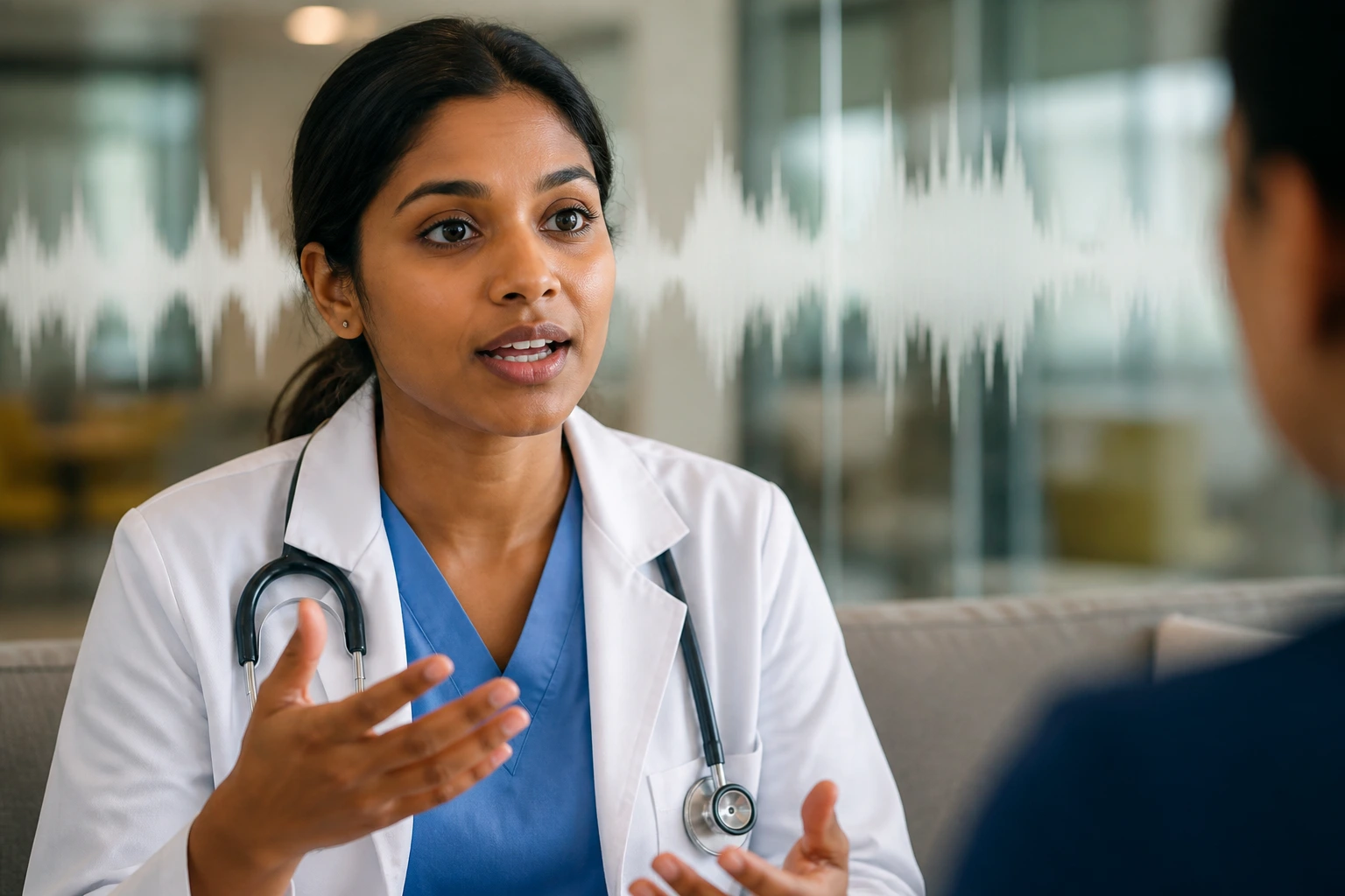 Doctor portrait with abstract sound waves behind, symbolizing language proficiency