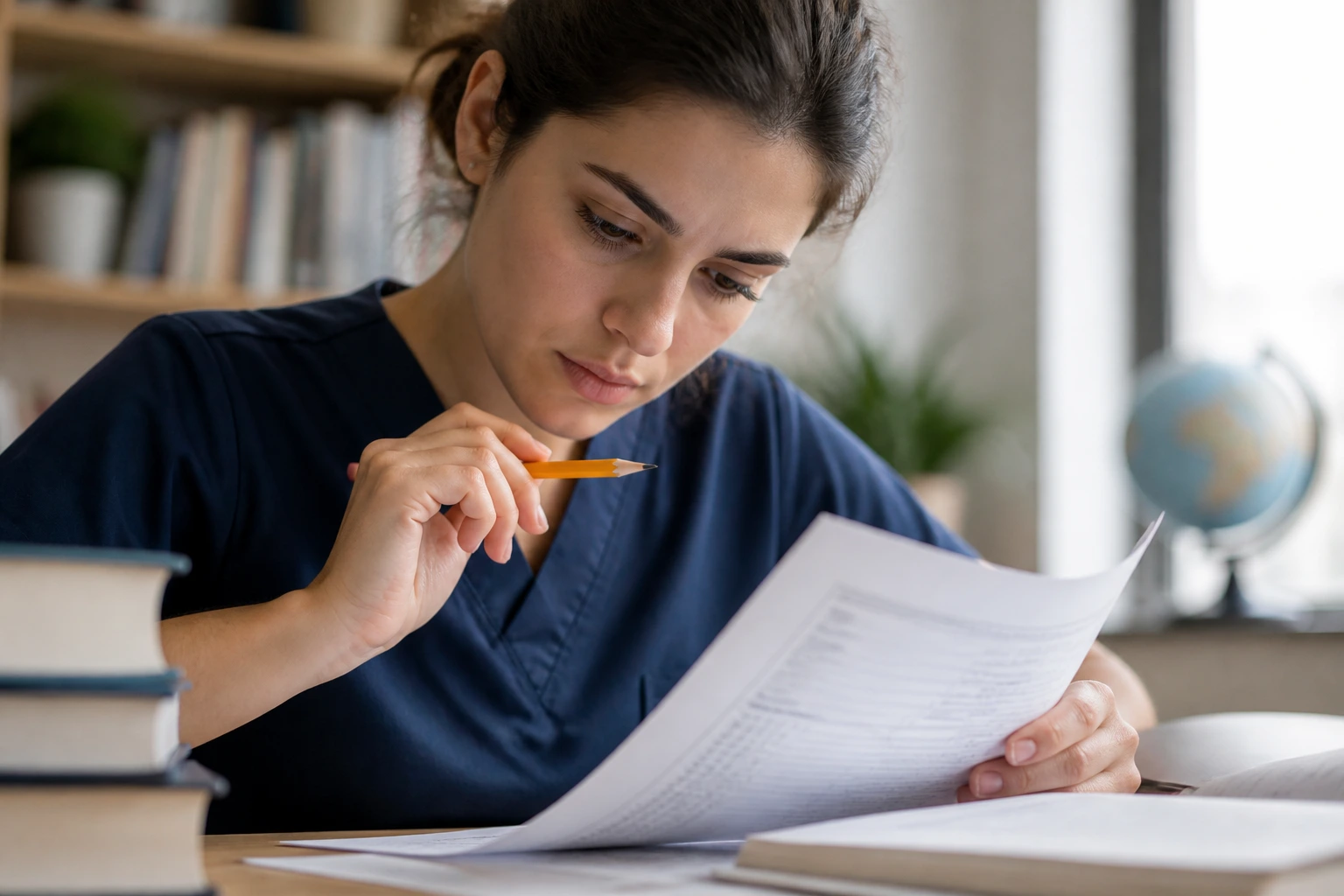 Close-up of a learner studying English proficiency exams with papers and pencil