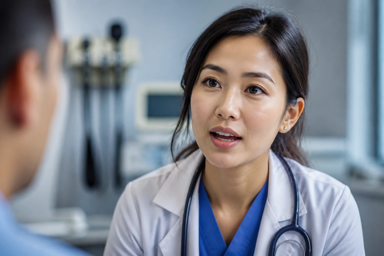 Portrait of a professional in a clinic with a stethoscope, speaking